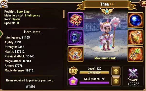 Thea com skin de mascarada, Hero Wars Alliance.