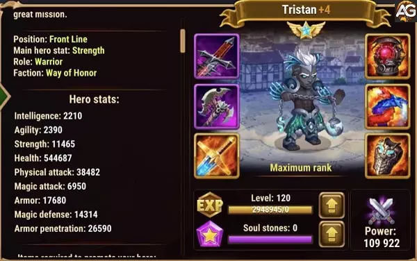 Tristan com a Skin Dark Depths em Hero Wars Alliance